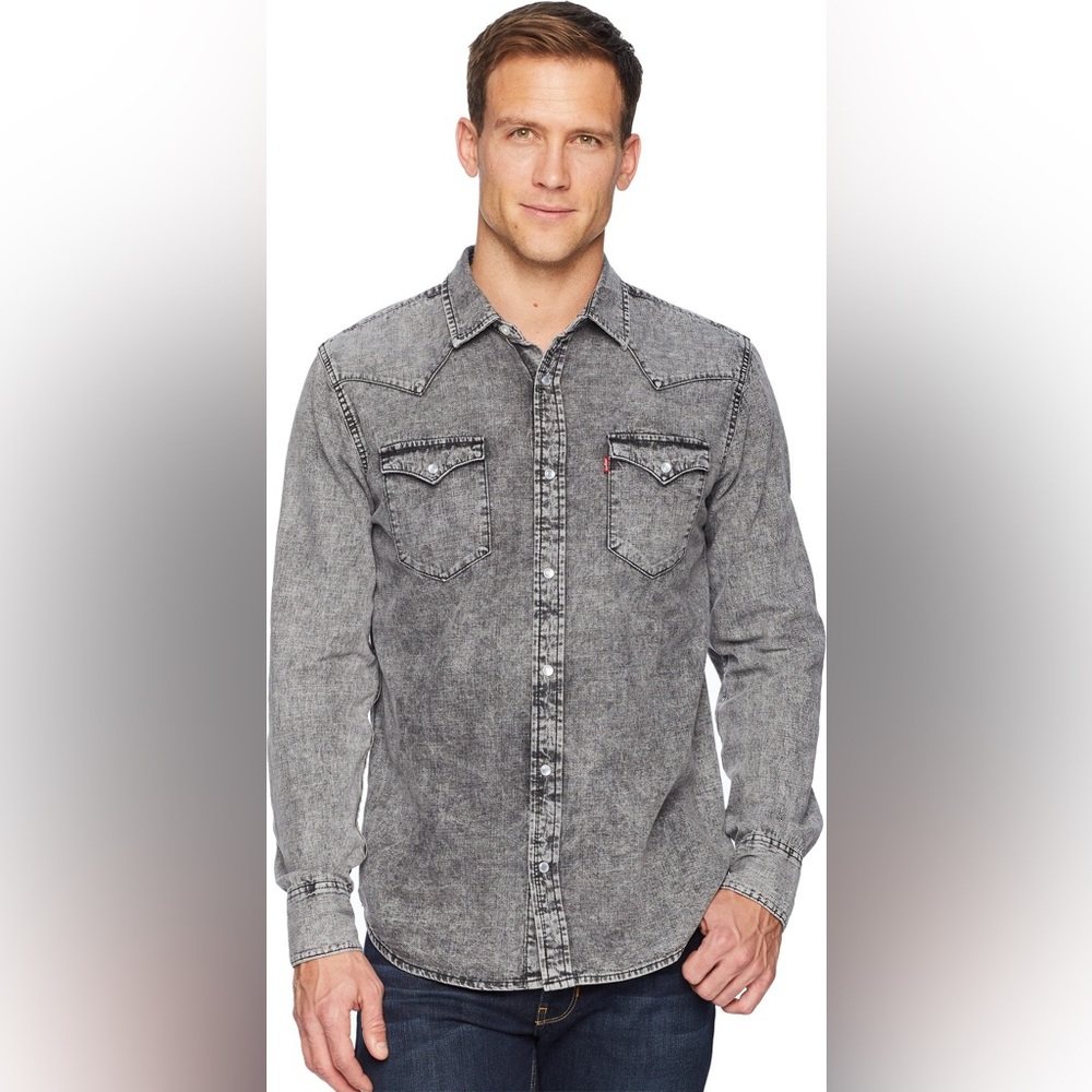 Levis mens Western Light Gray Pearlsnap Denim Long Sleeve Shirt size Small chore